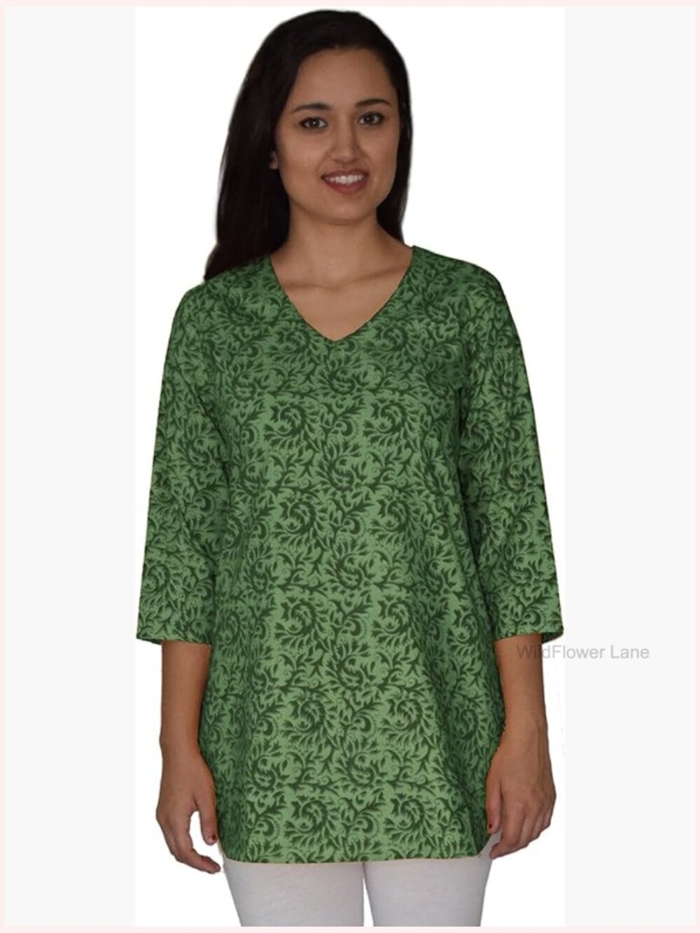 V Neck Pure Cotton Tunic with 3/4 Sleeves, Block Print